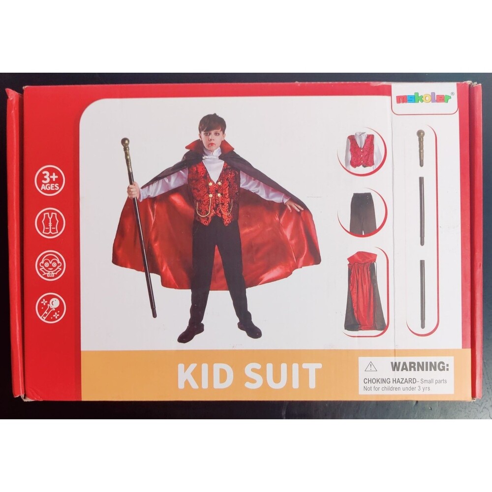 Kids Dracula Costume + Cane Boys Vampire Halloween (6-9yr) Medium NEW